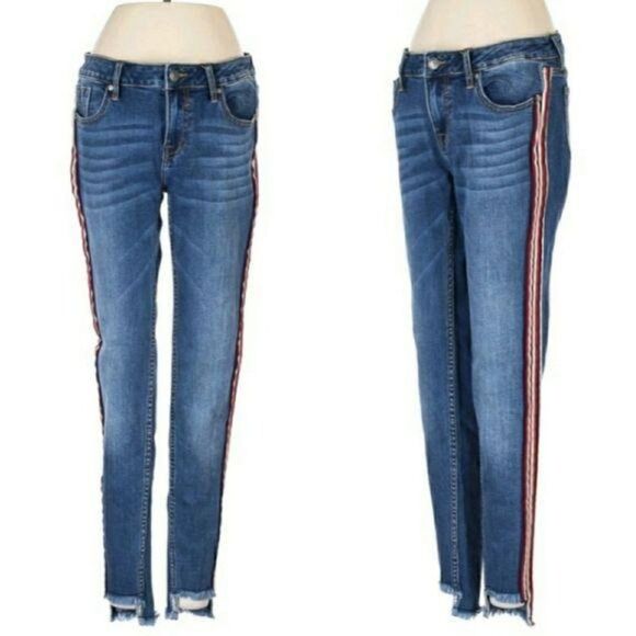 Vigoss Y2K Jeans Jagger Skinny Frayed Step Hem Racing Stripe W26 L27 Streetwear - Picture 1 of 14